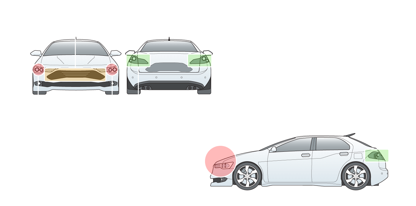 フロントグリル、コンビネーションランプ、ヘッドランプ